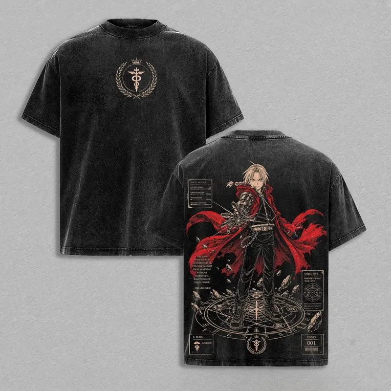 T-shirt Anime Fullmetal Alchemist Edward Elric pour hommes et femmes, en coton lavé, style rétro, surdimensionné, Harajuku