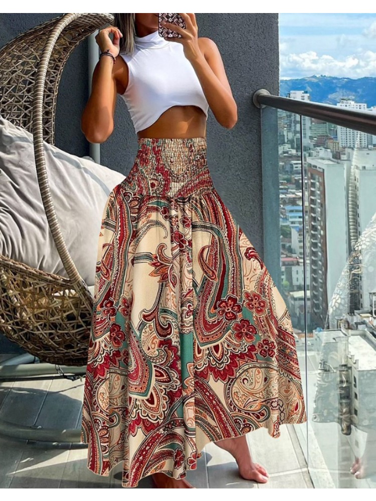 Jupe taille haute élastique bohème pour femmes, imprimé floral, plis, mode, dames, longueur au genou, longues jupes pour femmes