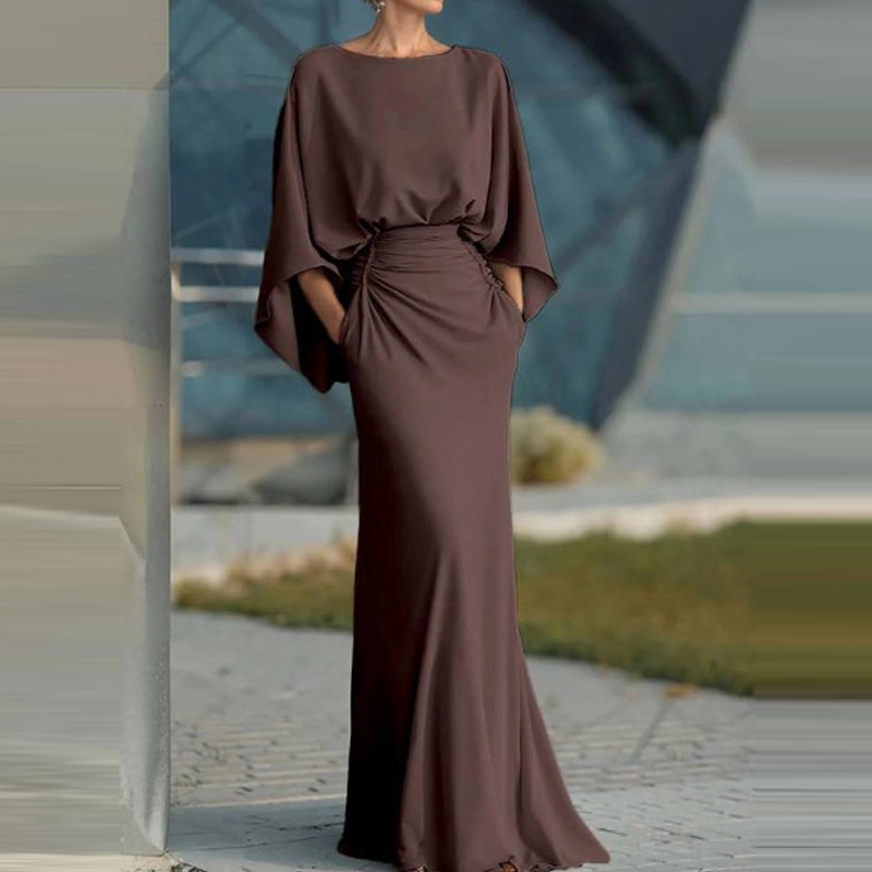 Robe longue plissée élégante à taille haute pour femme, col rond, manches chauve-souris, dos nu, poches, couleur unie, idéale pour les soirées