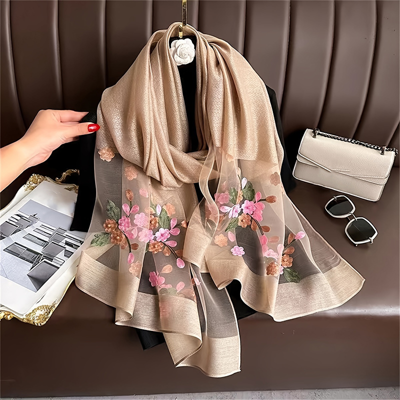 Écharpe en laine brodée florale pour femme, Hijab féminin, Foulard, Pashmina fin, Châles, Wraps, Bufanda, Écharpe de sauna, Étoles, Printemps, Été
