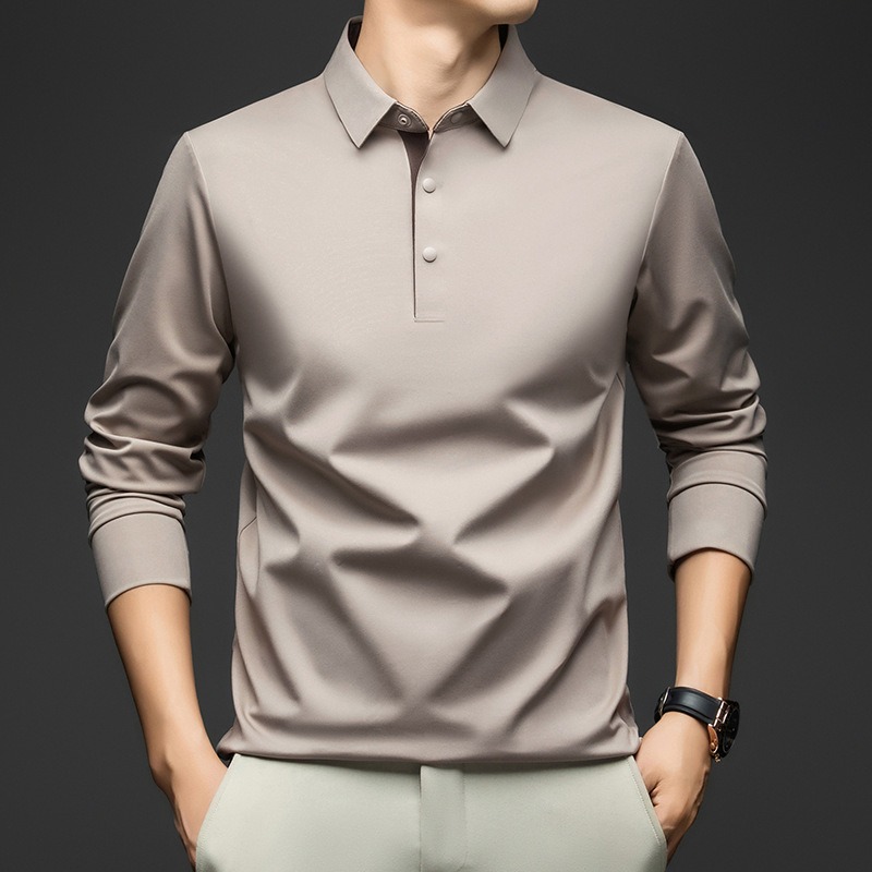 Polo à manches longues pour hommes, en mélange de soie de mûrier, col classique, idéal pour un style décontracté et professionnel, couleur unie, pour hommes d’âge mûr.