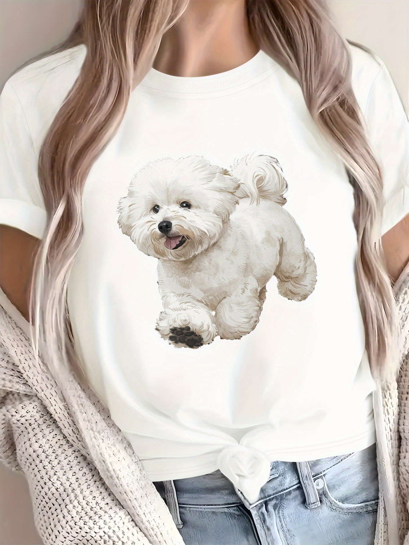 T-Shirt blanc mignon Bichon Frise pour femmes, doux, respirant, couleur unie, haut décontracté pour tous les jours, imprimé Animal, t-shirts graphiques
