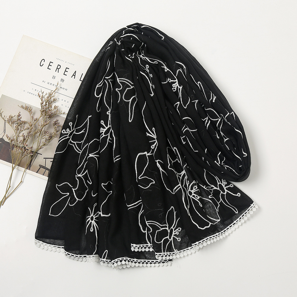 Châle en Viscose avec Dentelle Florale pour Femme, Hijabs de Haute Qualité, Étole Pashmina, Écharpe Musulmane