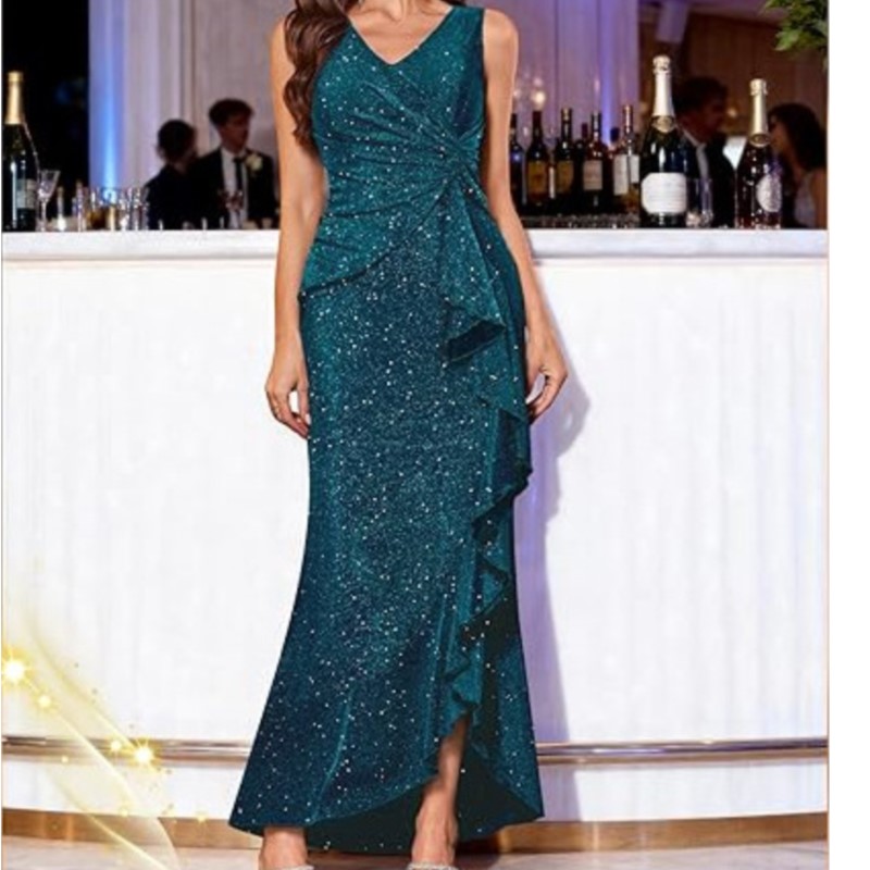 Robe de soirée élégante et sexy pour femme, col en V, scintillante, à volants fendus, ajustée, sans manches, couleur unie, style bodycon, pour l'été