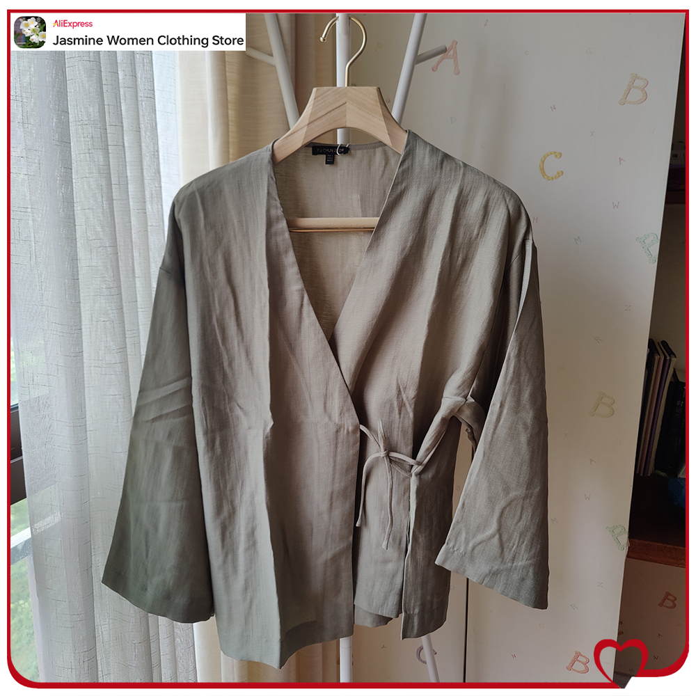 Chemisier Olive confortable avec attaches, manches longues tombantes, Kimono pour femmes, col en v, Cardigan portefeuille, hauts froissés avec fentes latérales, 2 styles