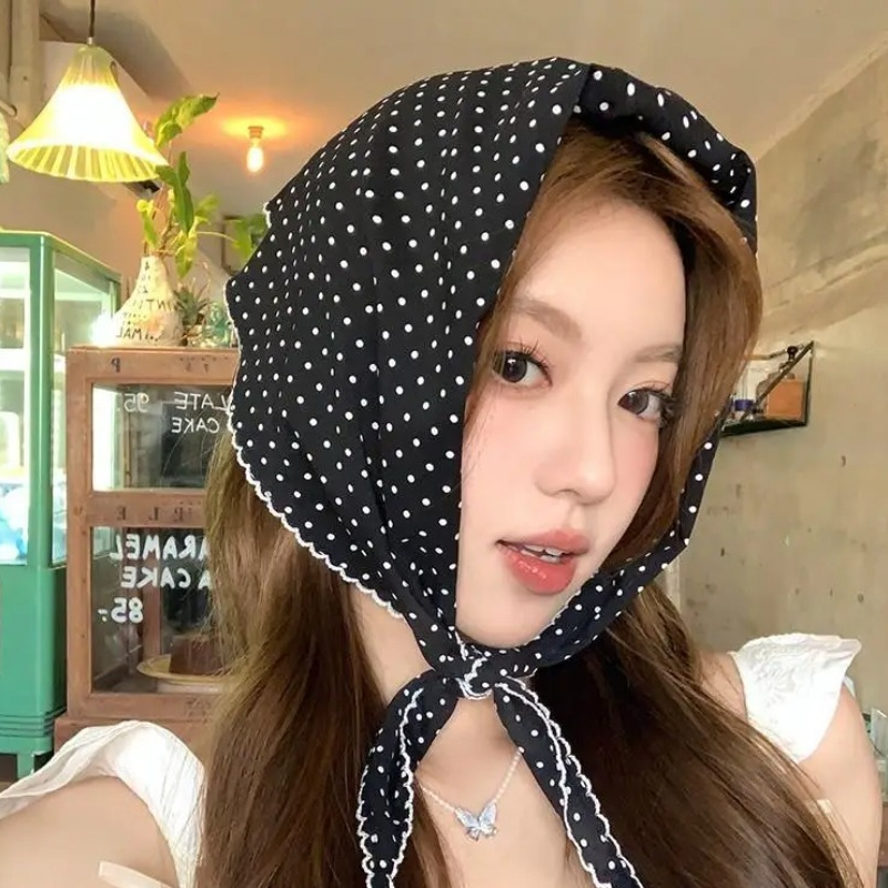 Foulard Bandana triangulaire à pois à volants, foulard en soie Ins coréen, mode Chic, accessoires pour cheveux pour femmes