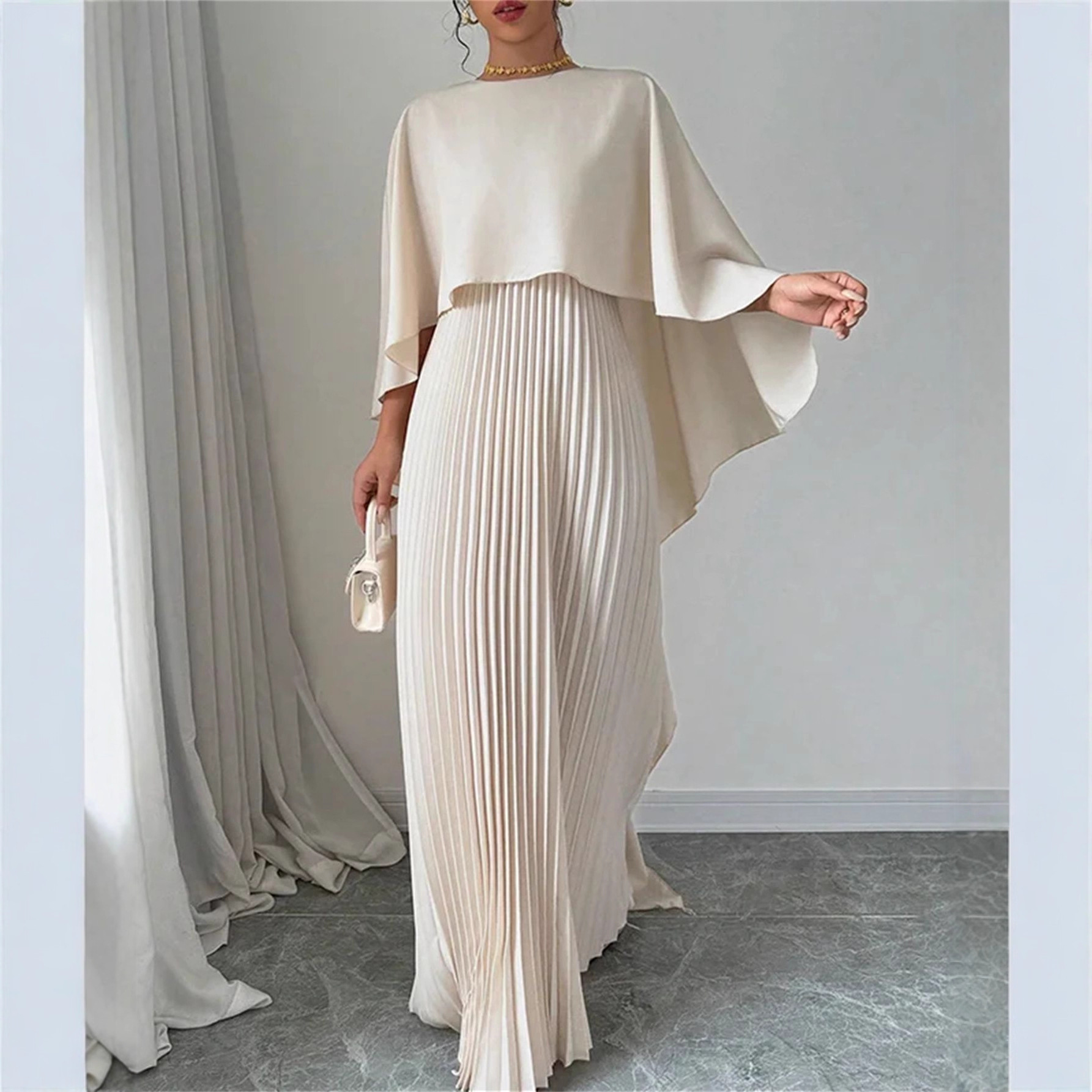 Robe longue plissée à manches cape pour femme, col rond, élégante, robe de soirée formelle