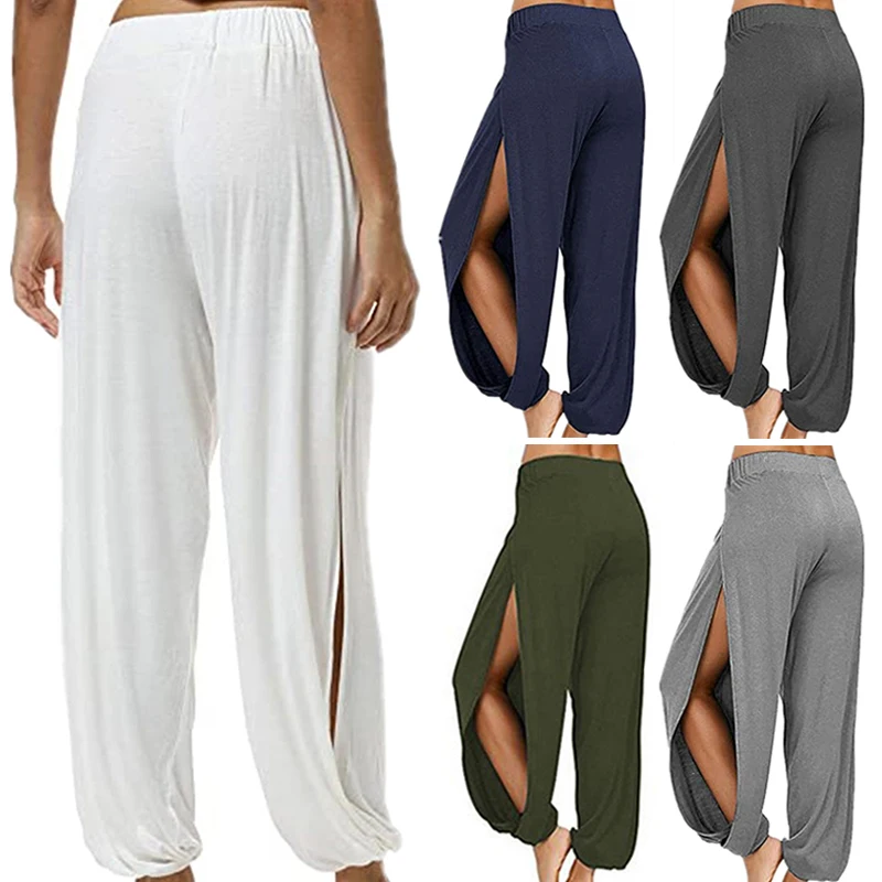 Pantalon Haren d'été à fente haute pour femmes, pantalon de sport, de Yoga, couleur unie, ample, Hippie, sarouel, jambes larges