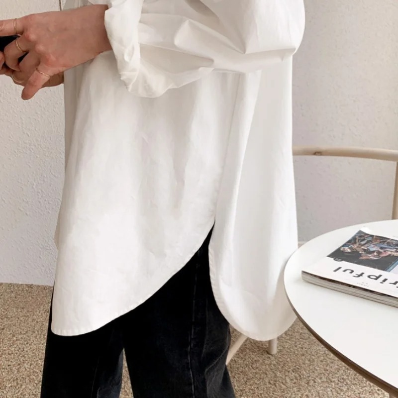 Bureau dame élégant blanc décontracté Blouses amples mode nouveau coton à manches longues femmes chemise col rabattu hauts