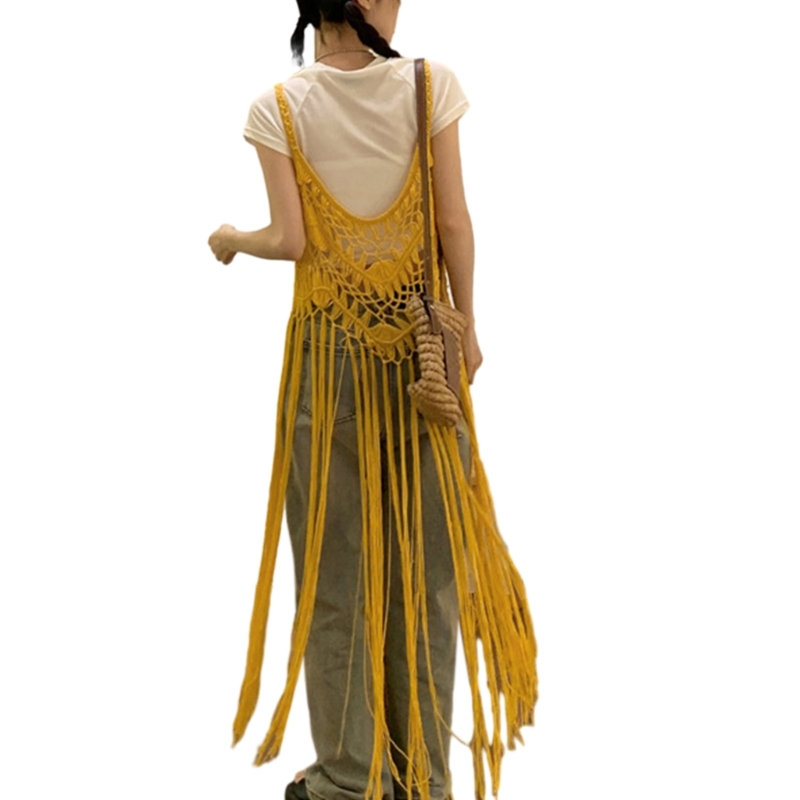 Femmes longue frange glands débardeur évider Crochet tricot sans manches fluide T-Shirt longue robe plage couvrir 066C