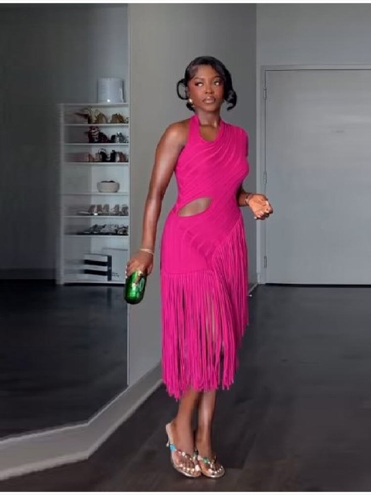 Robe Chic Vintage Tendance et Élégante à Volants et Franges pour Femme – Robe Longue Tricotée Glamour et Modeste pour le Printemps