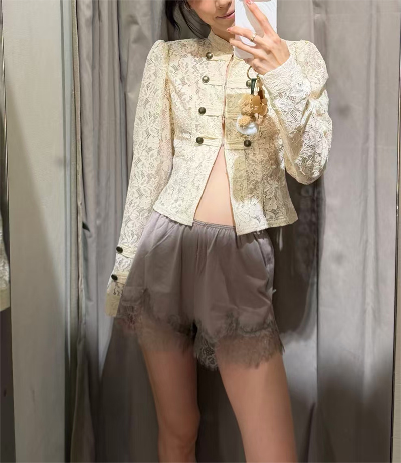 Veste Femme Guobioziy Nouvelle Collection Automne 2026 Jaune Clair Manches Longues Dentelle Boutons Décoratifs Coupe Slim Élégante