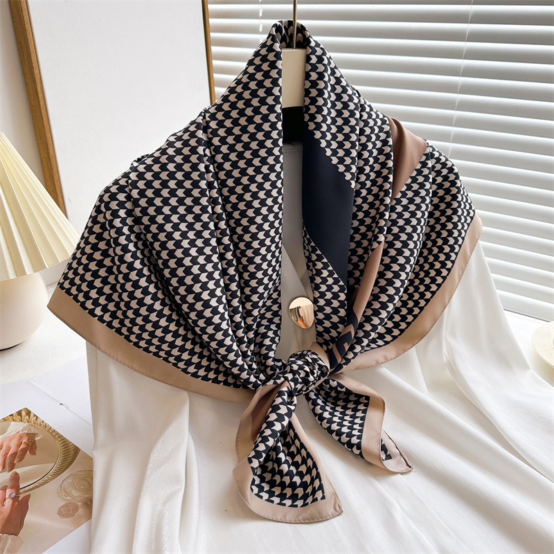 Écharpe carrée de luxe à motif pied-de-poule 90*90cm pour femmes, châle doux pour le cou, foulard élégant, bandana, faux hijab en soie pour les voyages