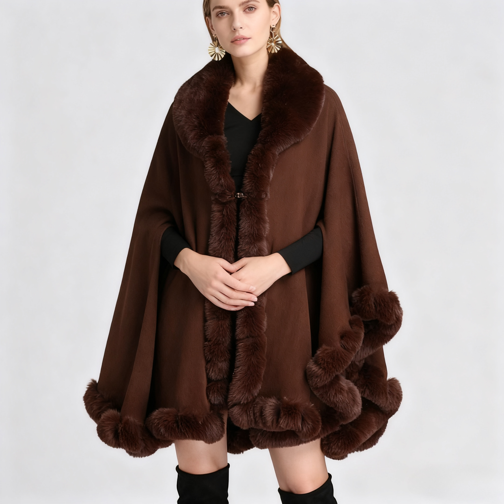 Manteaux vestes femmes Capes Maxi manteau ample à lacets taille haute col de fourrure Ponchos Y2k Streetwear élégant automne hiver