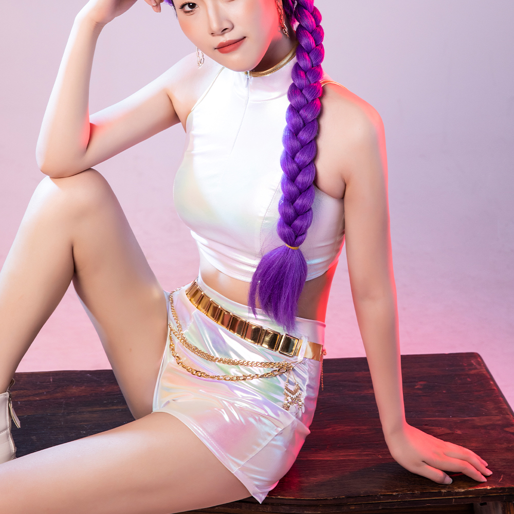 Costumes de cosplay blancs pour performance de groupe adulte – Haut + Short + Ceinture – Tenue de festival – Costume d'anime
