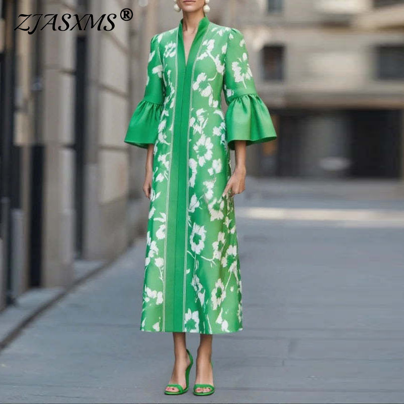 Robe longue de soirée élégante à imprimé Floral, Style français, Sexy, col en V, Slim, ligne a, manches évasées, robe Maxi de vacances, automne