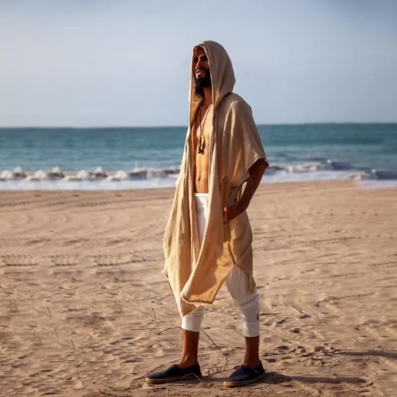 Cardigans d'été mi-longs pour hommes, amples et décontractés, vêtements de Protection solaire, Style vacances à la plage, manteau châle ample, Cape longue à capuche