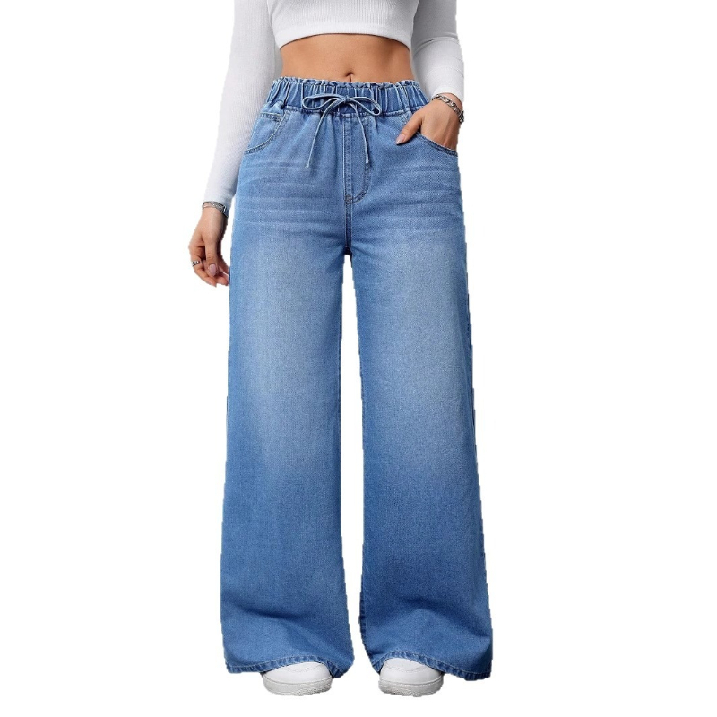 Jean pour femme en denim, pantalon long taille haute coupe droite, style Y2K streetwear vintage, élégant, avec empiècements, décontracté et ample