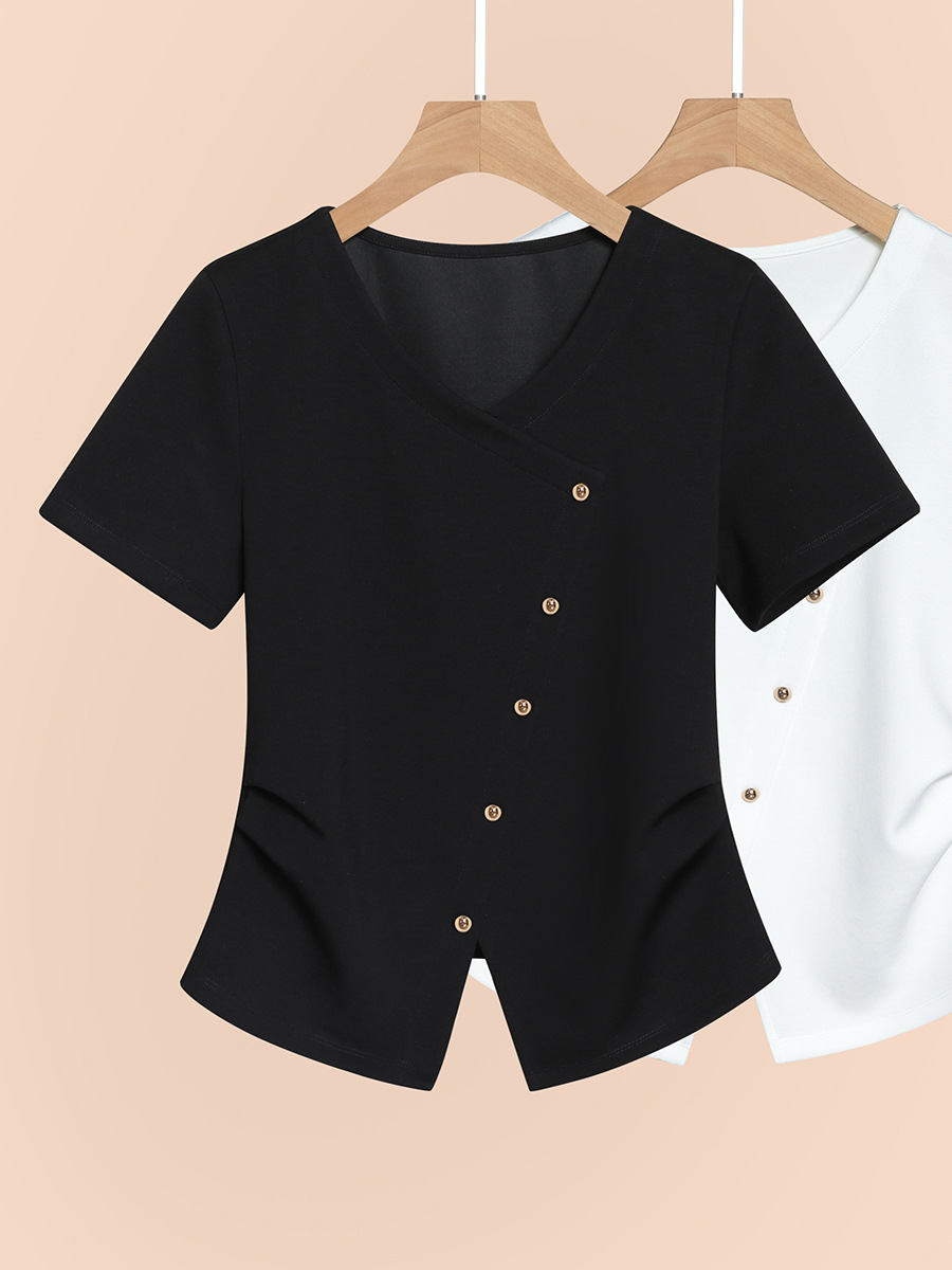 T-Shirt blanc à la taille pour femmes, Style français, col en V, manches courtes, chemisier à la mode, été 2025