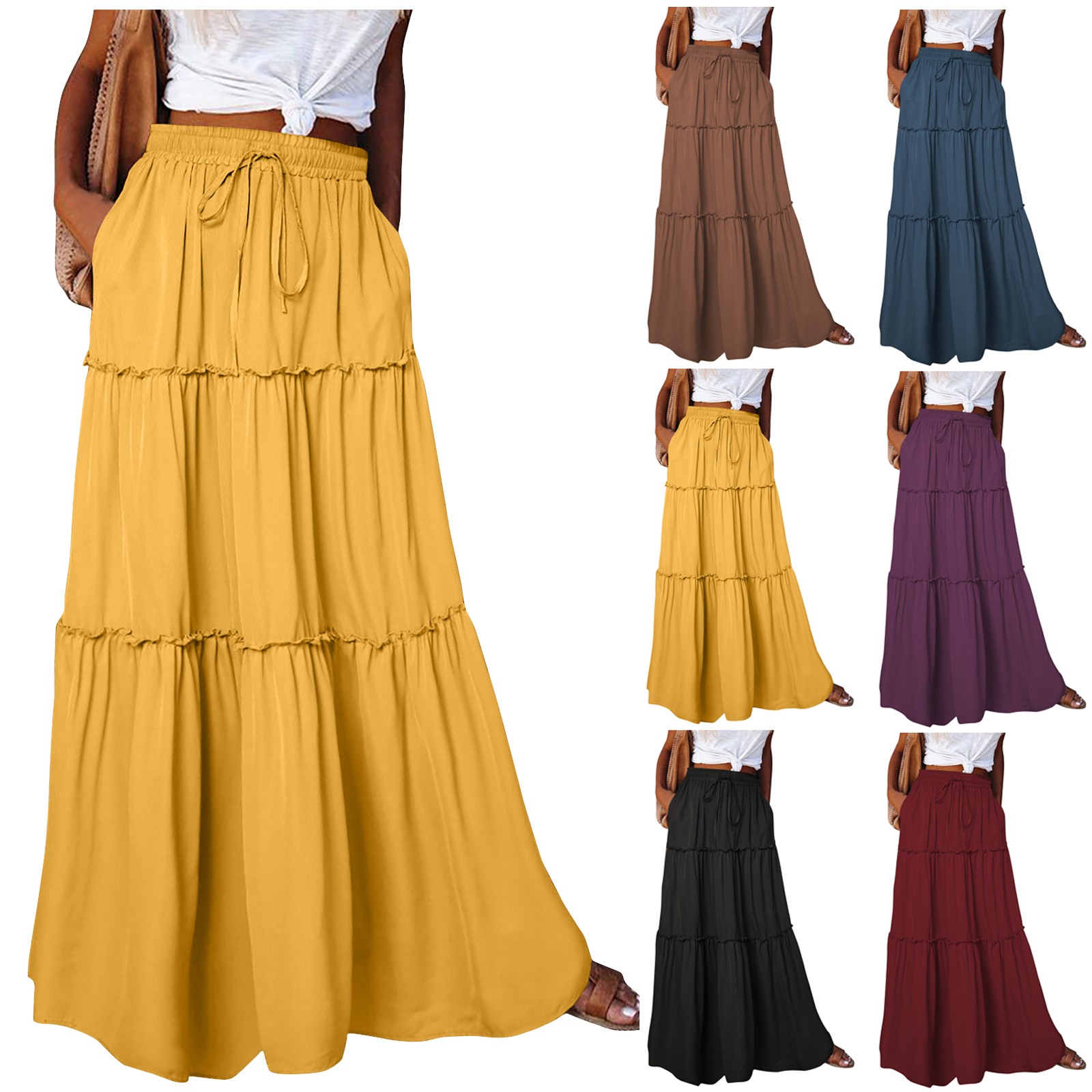 Jupe longue pour femme, couleur unie, taille élastique, coupe ample, décontractée, taille haute, polyvalente, style robe mi-longue