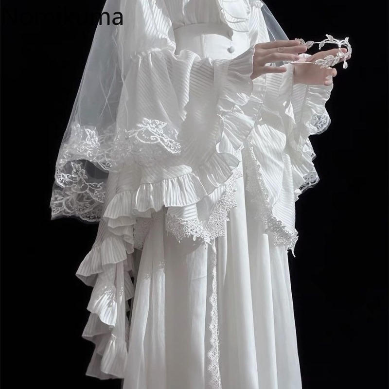 Taille haute jupes trapèze pour femmes 2025 Faldas Mujer De Moda Style Lolita japonais doux Saia Patchwork dentelle grande jupe pivotante