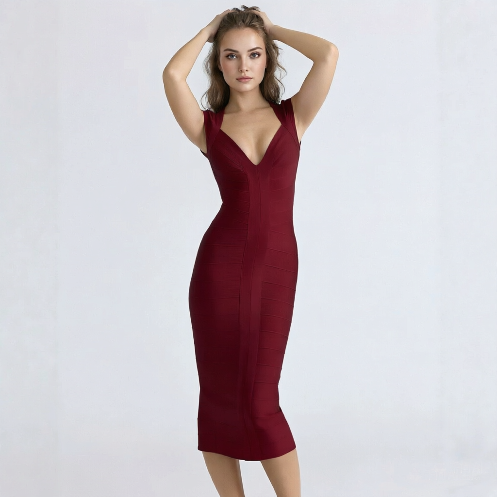 BEAUKEY Robe longue de soirée sexy de luxe pour femme, décolleté plongeant en V, style bandage, rayée, moulante, tricotée élastique, pour célébrités