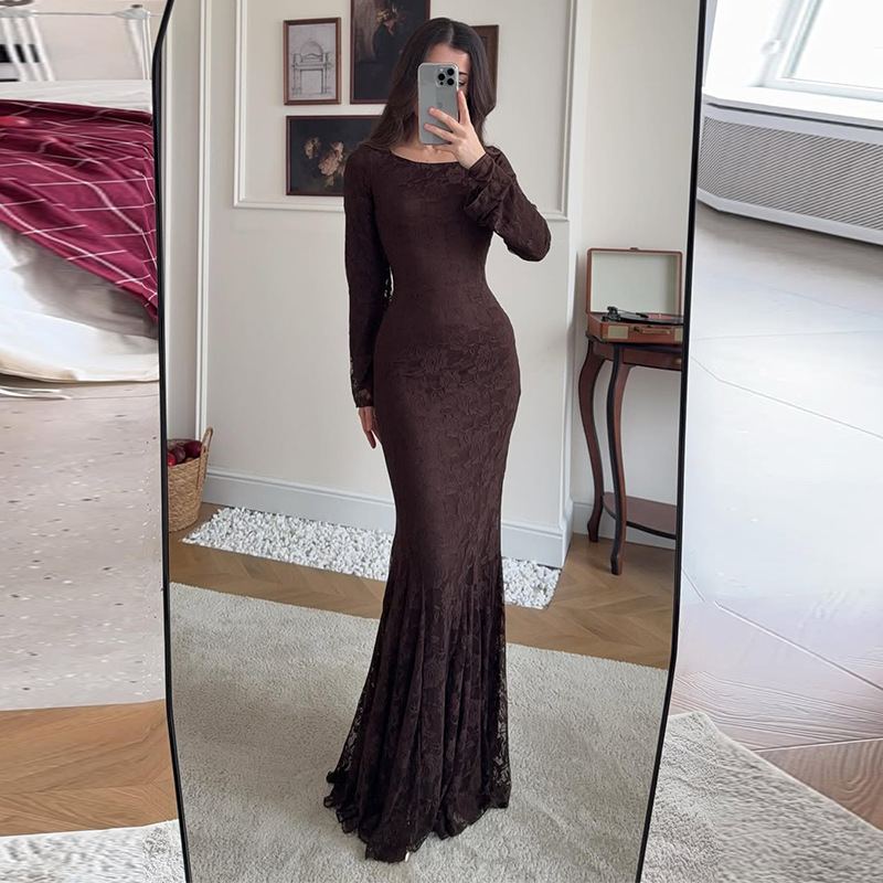Robe longue femme en dentelle, coupe trapèze, col rond, manches longues, style sirène, élégante, ajustée, pour soirée et mariage 2026
