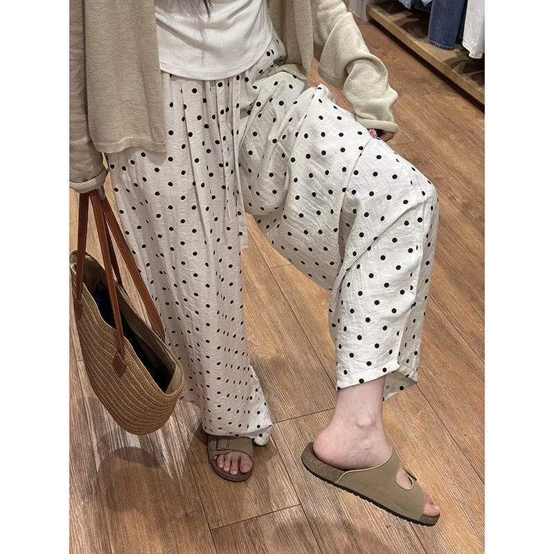 Pantalon large en lin à pois pour femme, style coréen, taille haute, coupe décontractée et droite, idéal pour l'été
