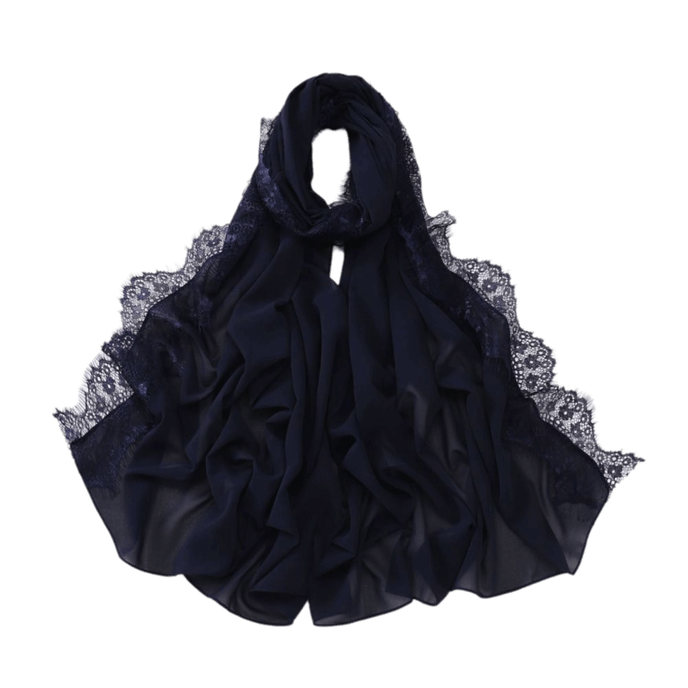 Élégant foulard en soie uni, long et doux, châle de protection solaire avec bordure en dentelle, respirant, pour le Ramadan, couvre-chef pour femme