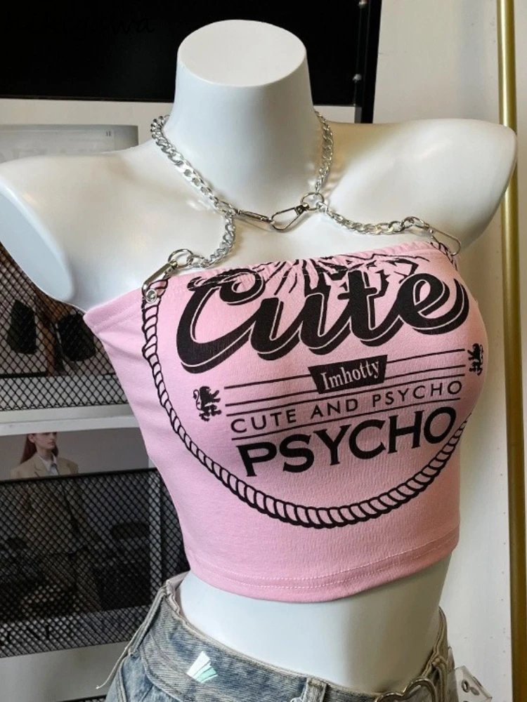 Débardeur d'été à la mode pour femmes, vêtements avec lettres roses douces, tunique dos nu, Camis, chaîne Harajuku, gilet Sexy Y2k, Ropa Mujer