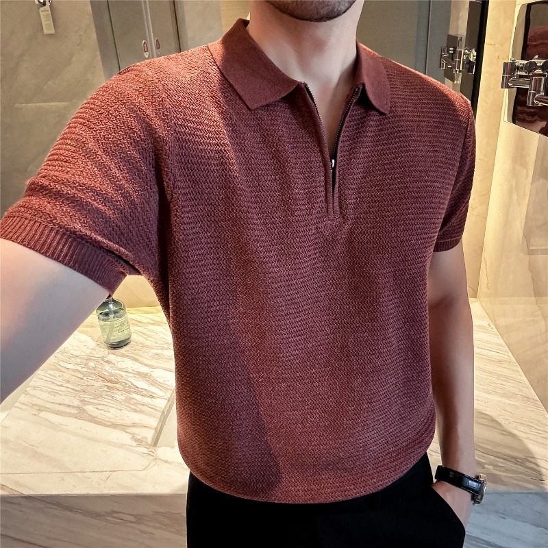 Polo d'été fin à manches courtes, demi-zip, couleur unie, coupe ample, décontracté, haut extensible et respirant, T-shirt tendance pour homme