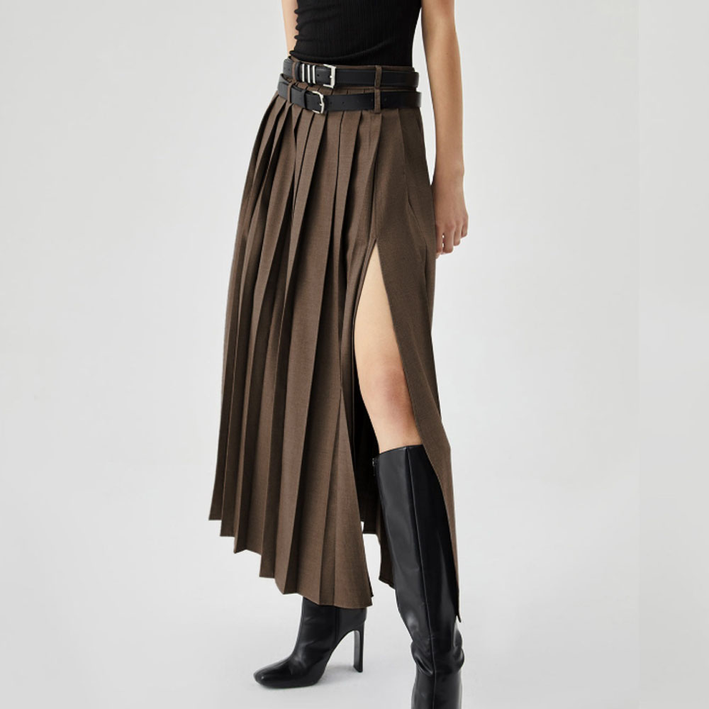 Jupe longue plissée noire à fente latérale pour femme, taille haute, sexy, été automne, Saia Feminina