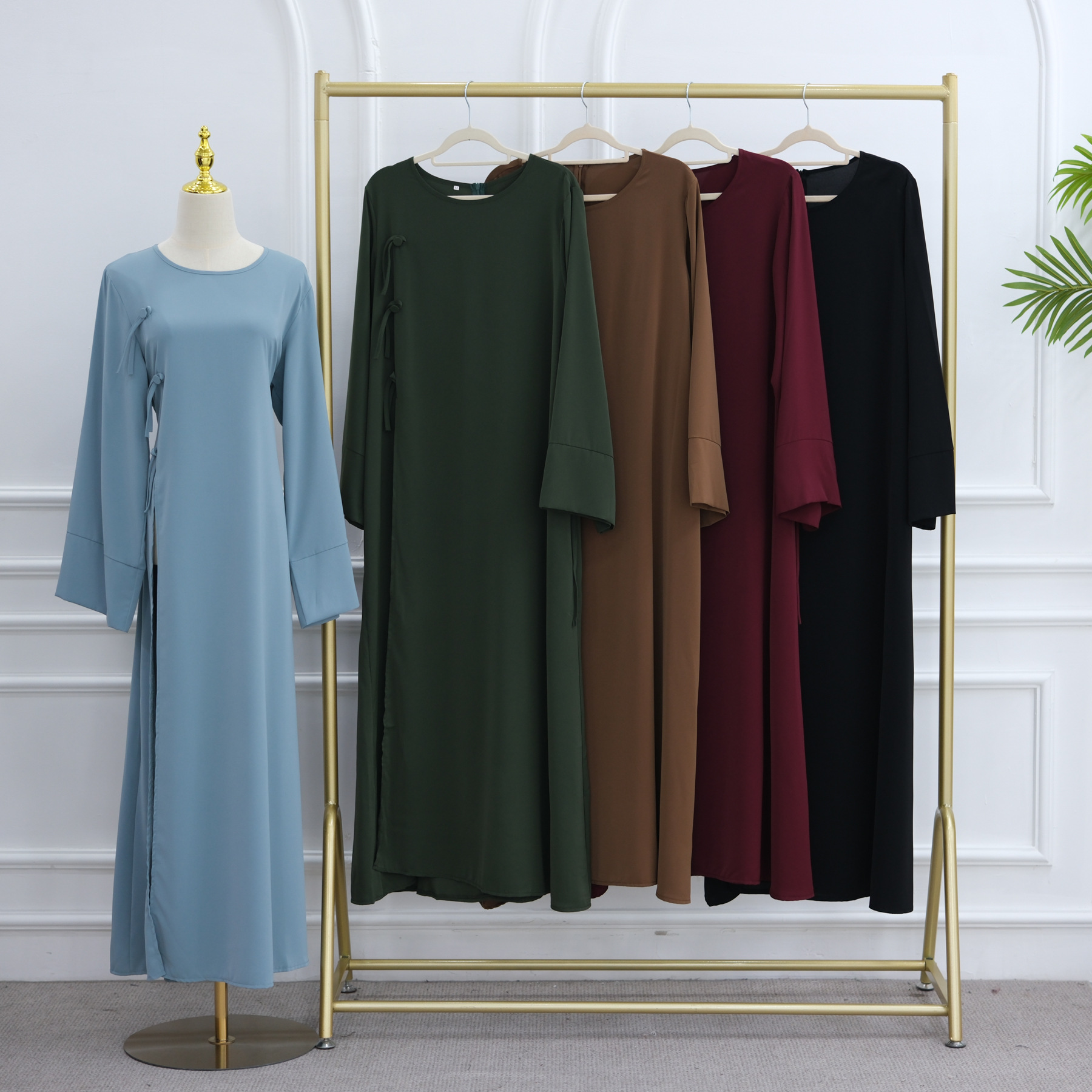 Abaya Longue Femme Musulmane Modeste pour l'Aïd, Blouse à Lacets Col Rond, Robe Maxi Ramadan Maroc Dubaï Islam Arabe Kaftan 2026