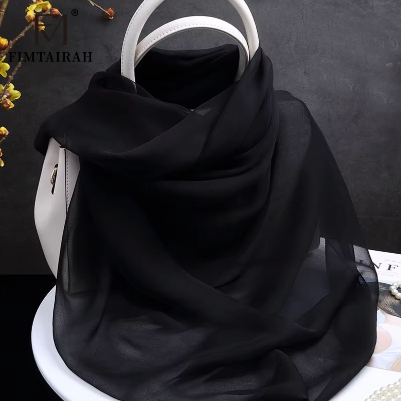 Fimchlorin-Foulard en mousseline de soie pour femme, couleur noire, 100% véritable, fine, solide