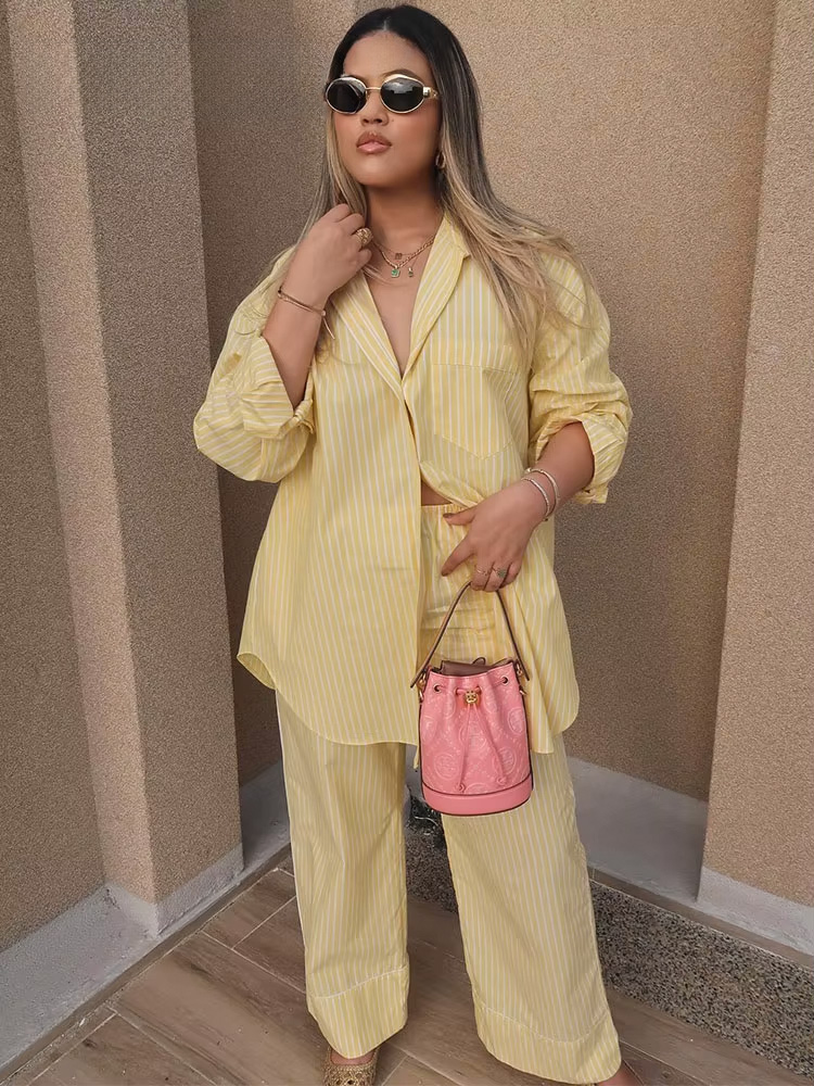 Ensemble 2 pièces chic pour femme : chemise rayée jaune à manches longues et pantalon large à cordon de serrage – Style streetwear