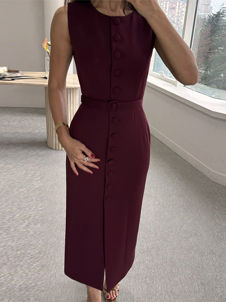 Costume sans manches à lacets robe mi-longue femmes élégant col rond simple boutonnage coupe ajustée Robes de soirée mode bureau dame Robes
