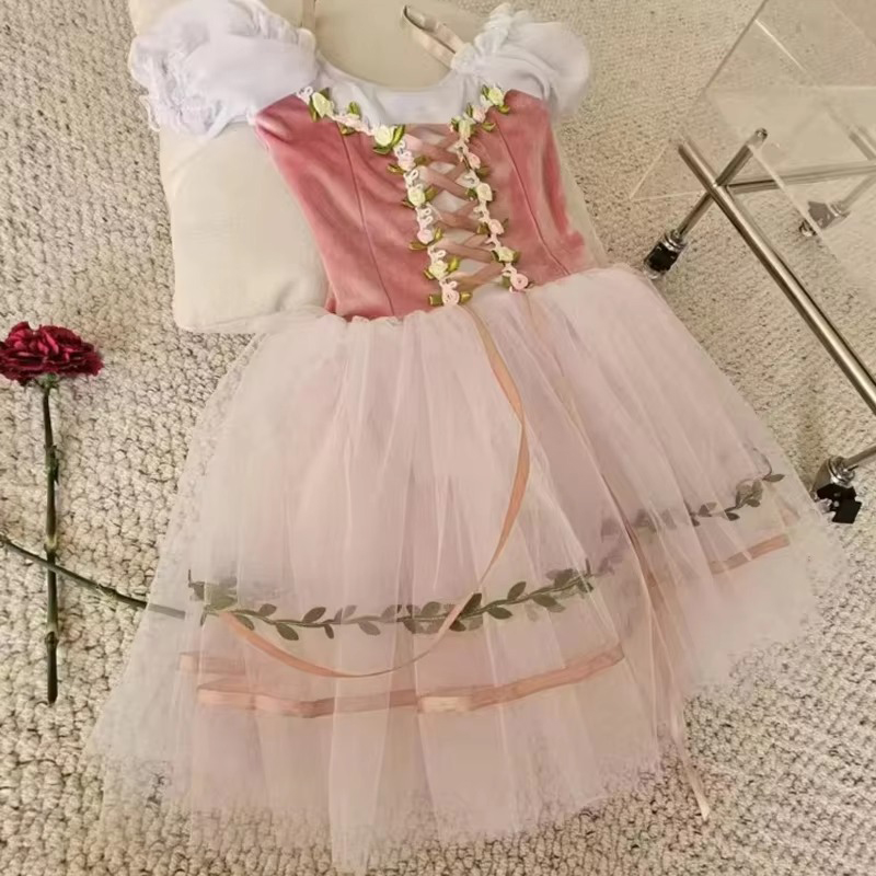 Robe de ballet professionnelle à manches bouffantes, en velours fleuri, patchwork de gaze et ruban, robe de ballerine pour fête, costumes de danse pour filles enfants