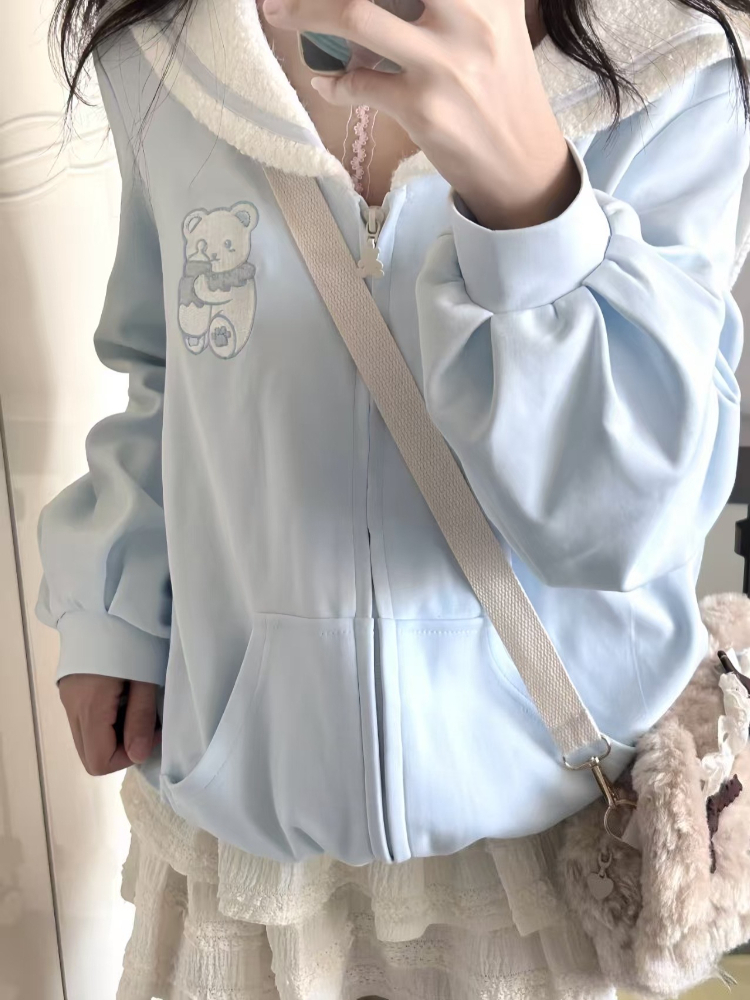 Veste japonaise douce et kawaii pour femmes, manches longues, bleu, fermeture éclair, broderie, sweat-shirt ample, style preppy, vêtements mignons et tendance