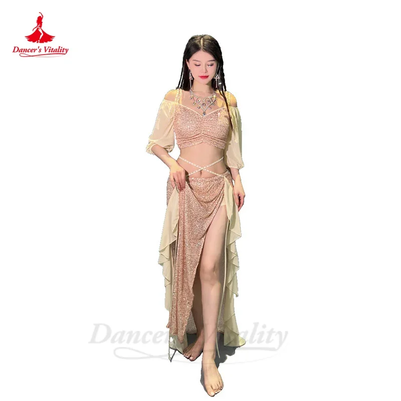 Ensemble de costumes de danse du ventre pour femmes, haut à manches courtes + jupe longue fendue, ensemble professionnel Oriental, tenue de danse du ventre, 2 pièces