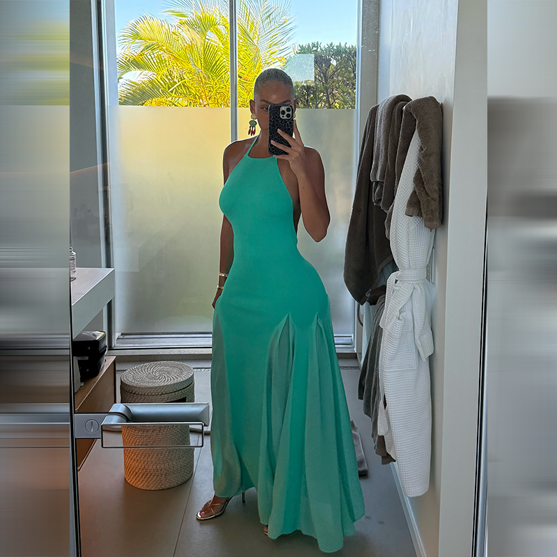 Robe longue sirène élégante turquoise à col halter, chic, sans manches, dos nu, moulante, nouvelle collection 2026, pour occasions formelles et vacances d'été