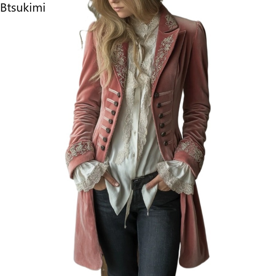 Manteau long élégant en velours pour femme, à manches longues, couleur unie, avec dentelle, revers, double boutonnage, taille mi-haute élastique, automne-hiver