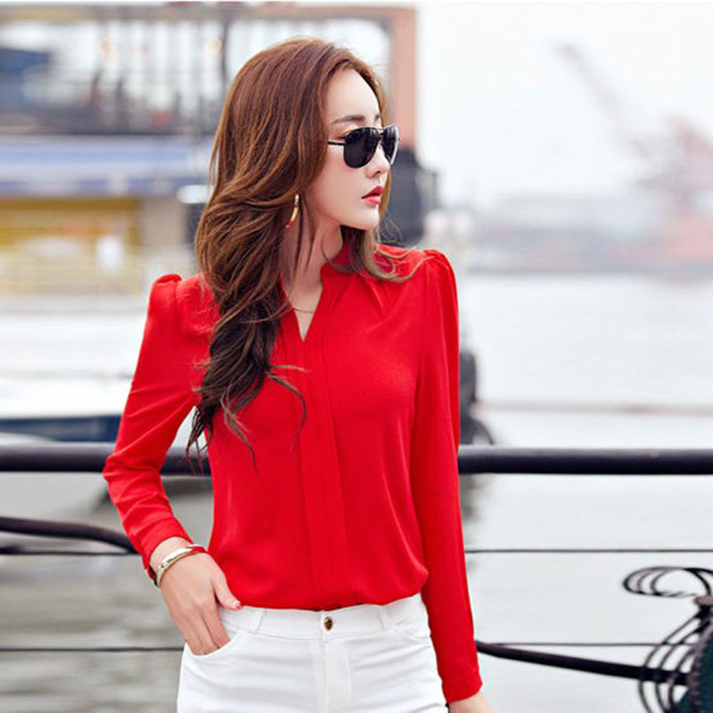 Chemise à manches longues femmes automne vêtements mode mince chemisier en mousseline de soie col en V coréen élégant dames chemises de bureau blanc rouge DF2324