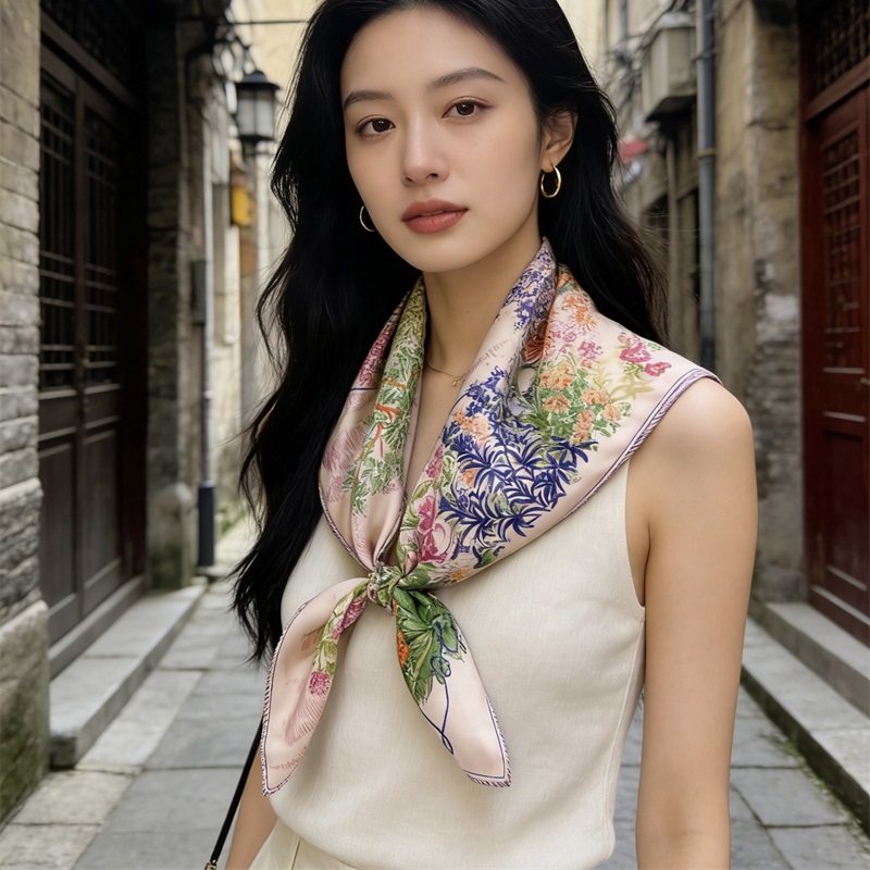 Écharpe en soie 100% à imprimés floraux, foulard pour femme, écharpes en soie véritable charmantes, châle 90x90cm
