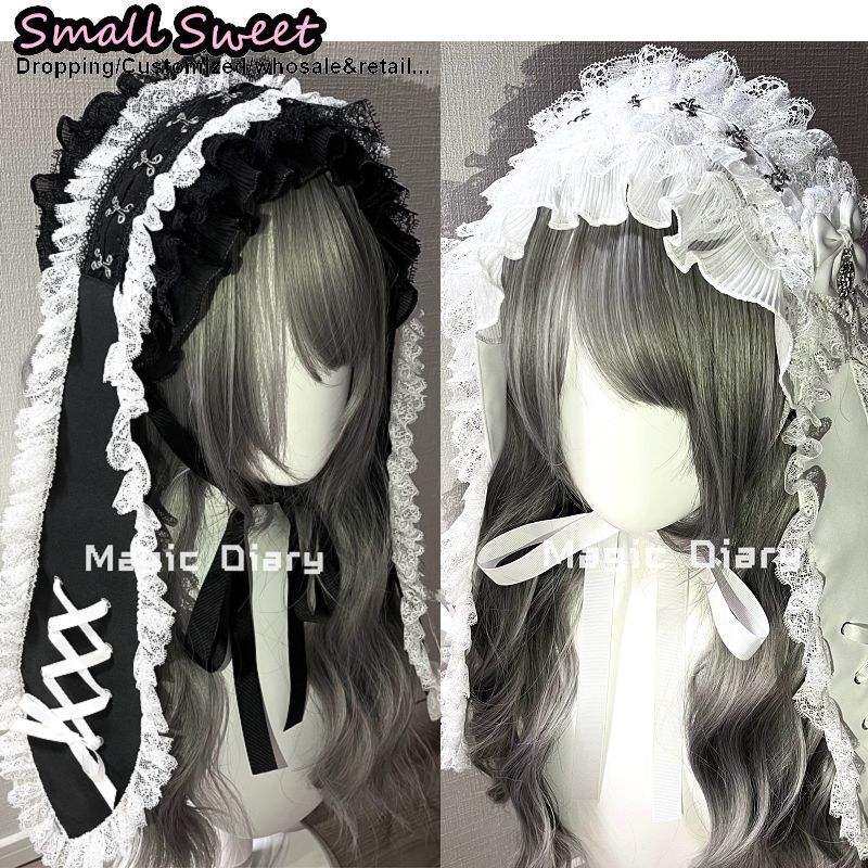 Serre-tête à lacets pour femme, style Y2K subculture, motif lapin aux longues oreilles, avec pince à cheveux gothique Lolita et volants en dentelle