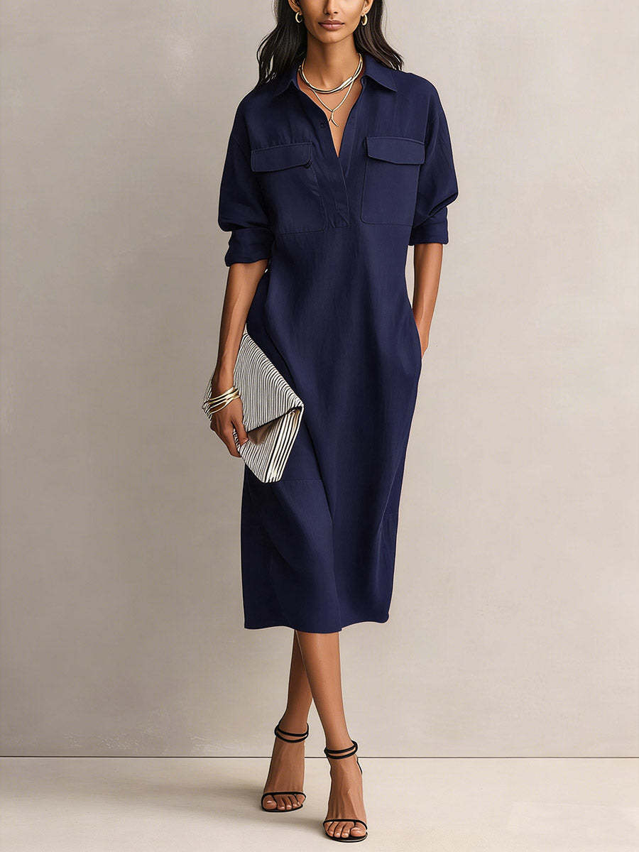 Robe chemise minimaliste unie pour femme, élégante, à demi-manches, col rabattu boutonné, avec poches, robe décontractée quotidienne, robes midi