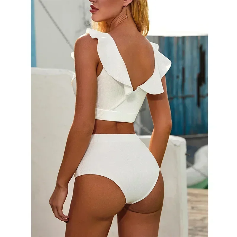 Nouveau Maillot de Bain Sexy Femme 2026 Blanc avec Volants, Col en V, Boucle Métallique, Taille Haute, Ensemble Bikini de Plage Push-Up