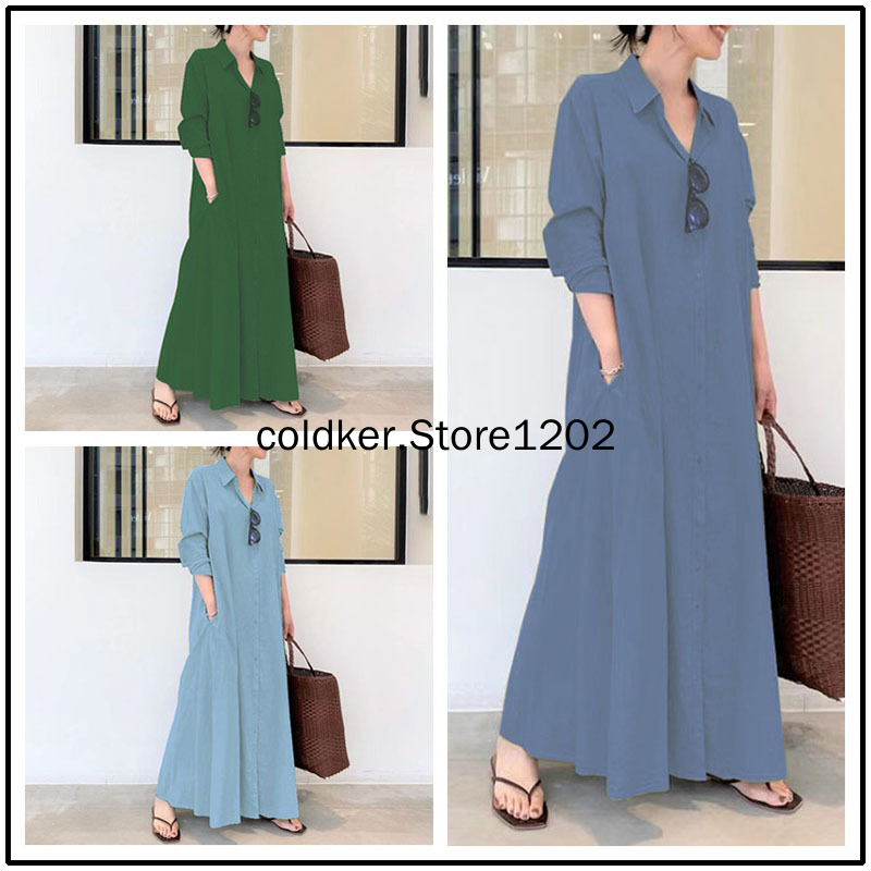 Longue robe de plage pour femmes, style Boho, décontractée, Simple, couleur unie, revers, manches longues, poches, soirée, large, Maxi, 2022