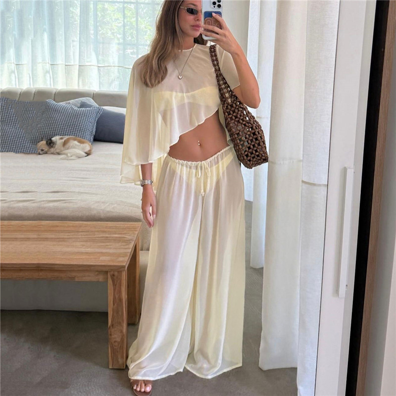 Ensemble 2 pièces de plage : Cape transparente à manches courtes et pantalon large à cordon élastique – Tenue assortie pour femme pour les vacances d'été