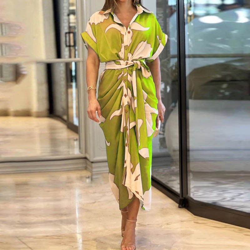 Robes Élégantes pour Femme 2026 – Robe Imprimée Irrégulière à Col Revers et Lacets, Coupe Slim Contrastante, Idéale pour le Travail et les Occasions Spéciales