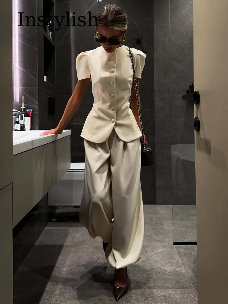 Ensemble 2 pièces pour femmes, col rond, manches bouffantes, blazer ajusté, pantalon large à taille haute, tenue de travail élégante pour le bureau, costumes blancs